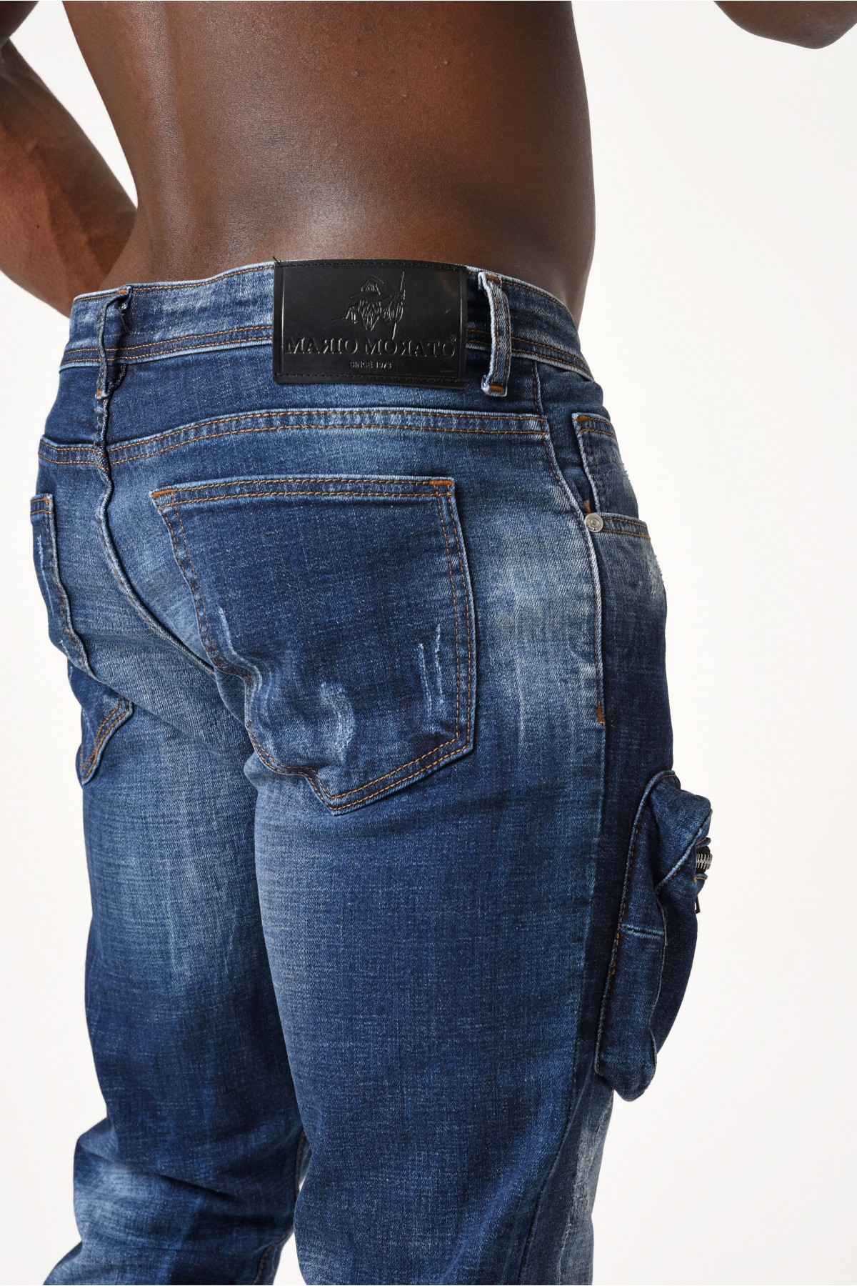 Erkek Denim Pantolon - Küçük kargo cep ve ufak yırtık detay - Koyu Mavi